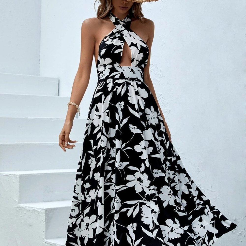 Black Boho Womens Floral Print Criss Cross Tie Backless Halter Dress - Picture 3 of 5